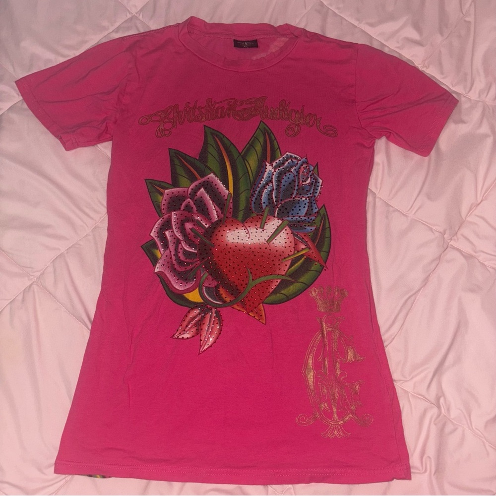 Christian Audigier Pink Floral Graphic Tee